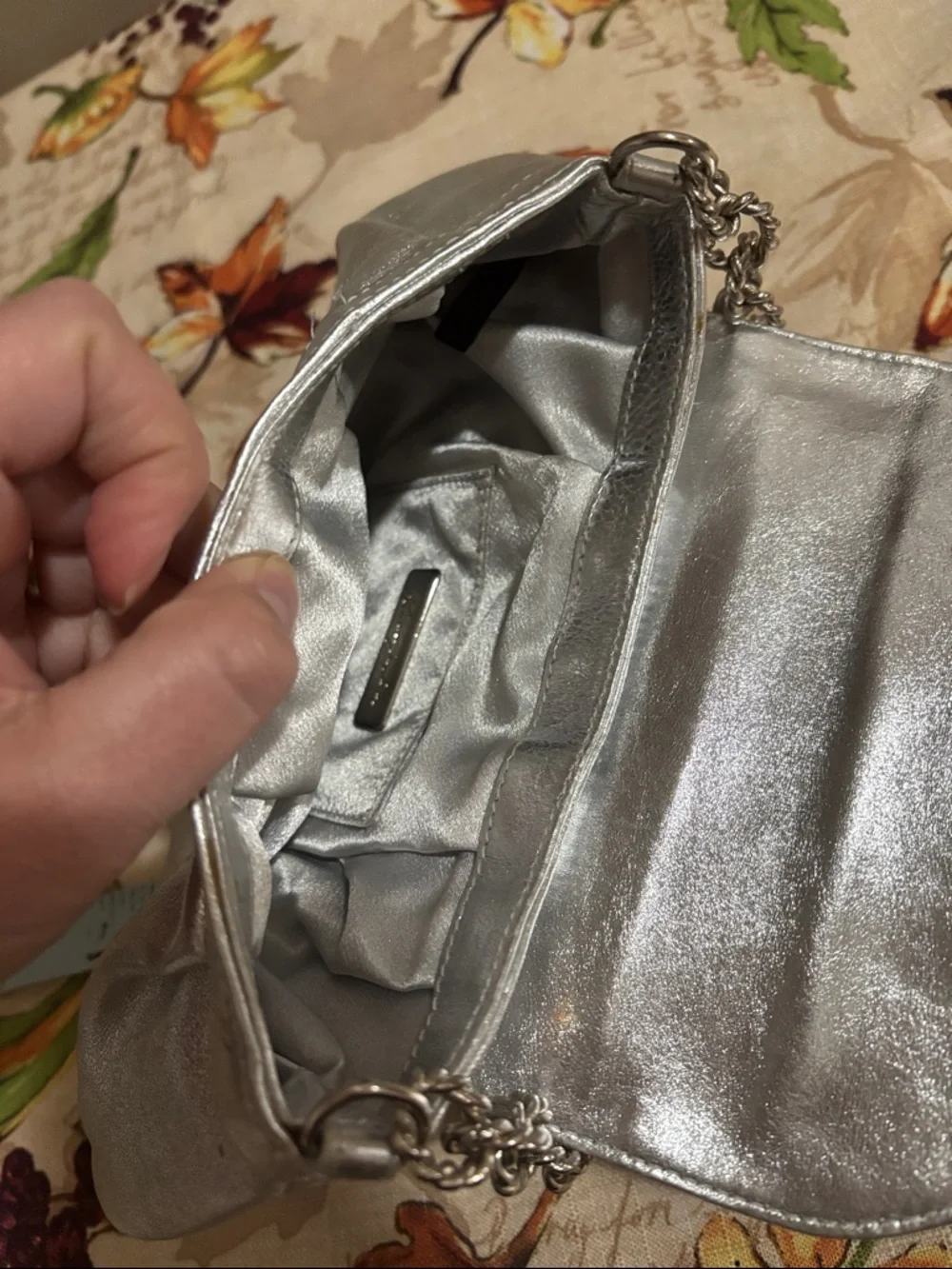 Metallic Silver Evening Shoulder Bag with Floral Accent